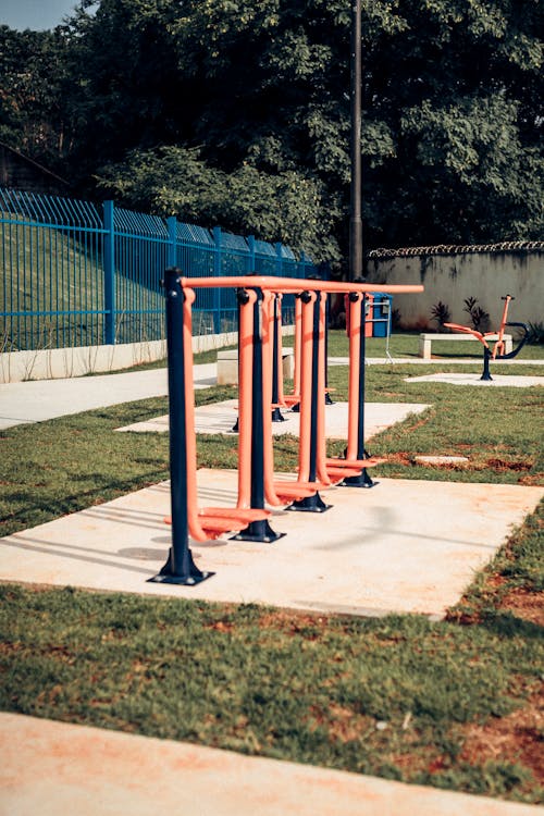 Outdoor gym equipment in a North Tyneside park on a sunny morning